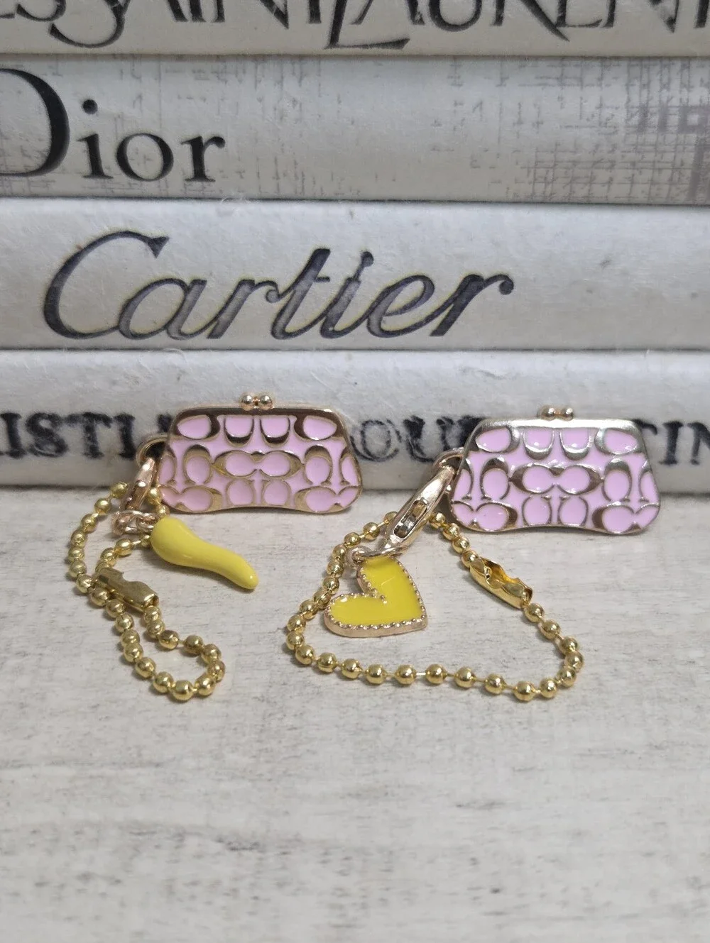 Y2K Pastel Pink Enamel Kisslock Purse Bag Charms Set - Brand New